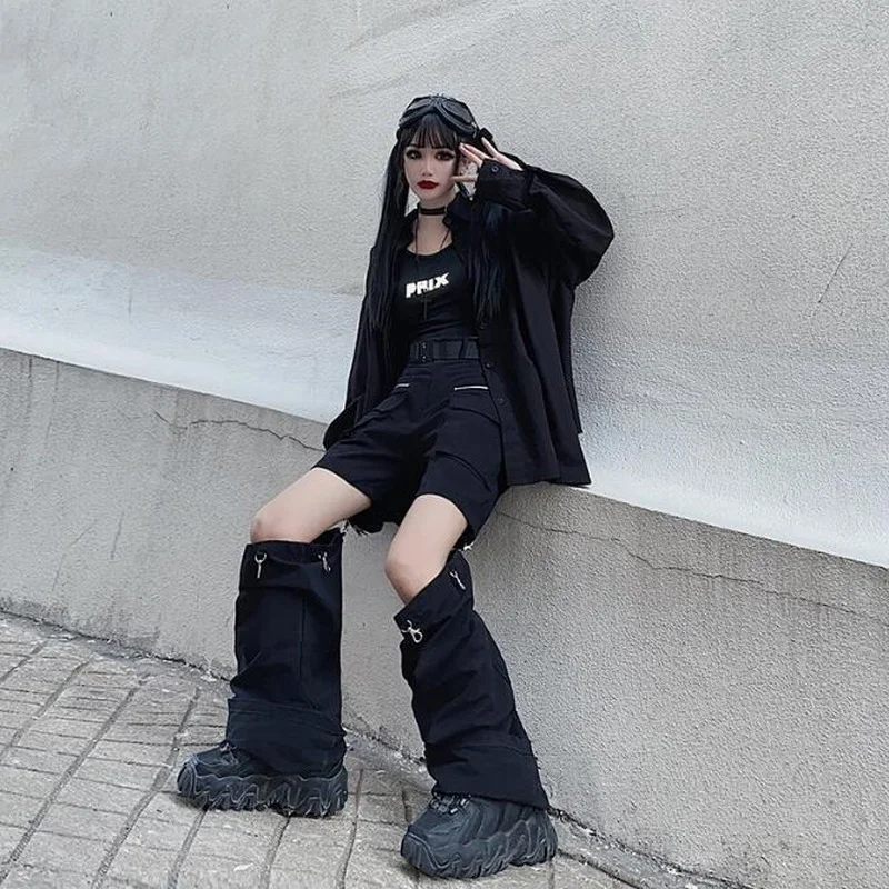 Deeptown Gothic Techwear Emo Black Cargo Pants Women Punk Oversize Hollow Out Wide Leg Pocket Trousers for Female Goth Hip Hop images - 6