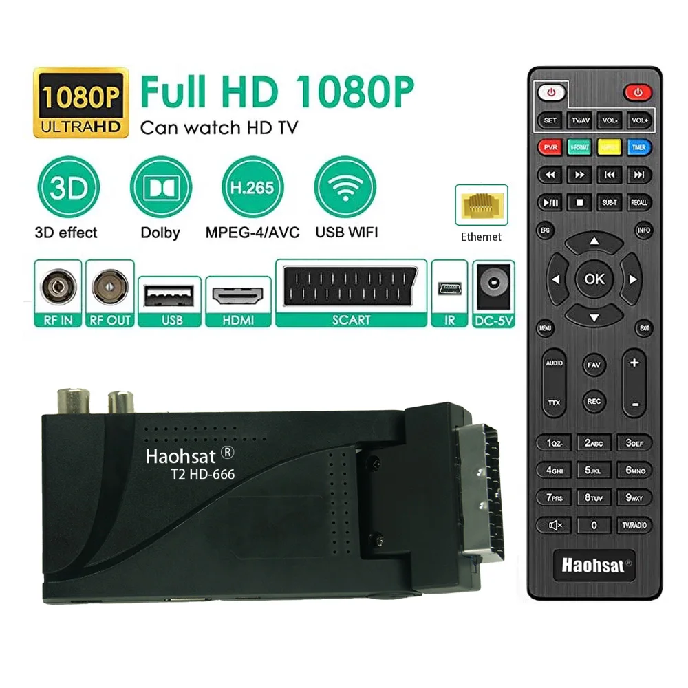 Haohsat DVB T2 HD-666 Scart HD цифровой H.265 HEVC 10-битный ТВ-приемник для