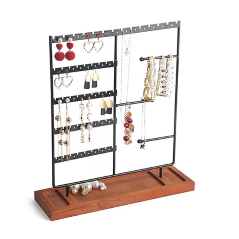 Earrings Organizer Jewelry Display Stand, 3-Tier Earring Holder Rack with Wooden Tray for Earrings Necklaces Bracelets Storage