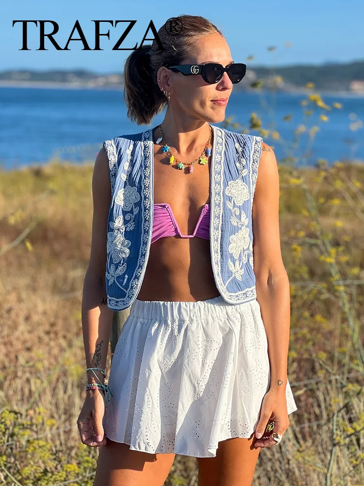 Trafza женская модная майка с короткими рукавами и вышивкой в повседневном стиле из