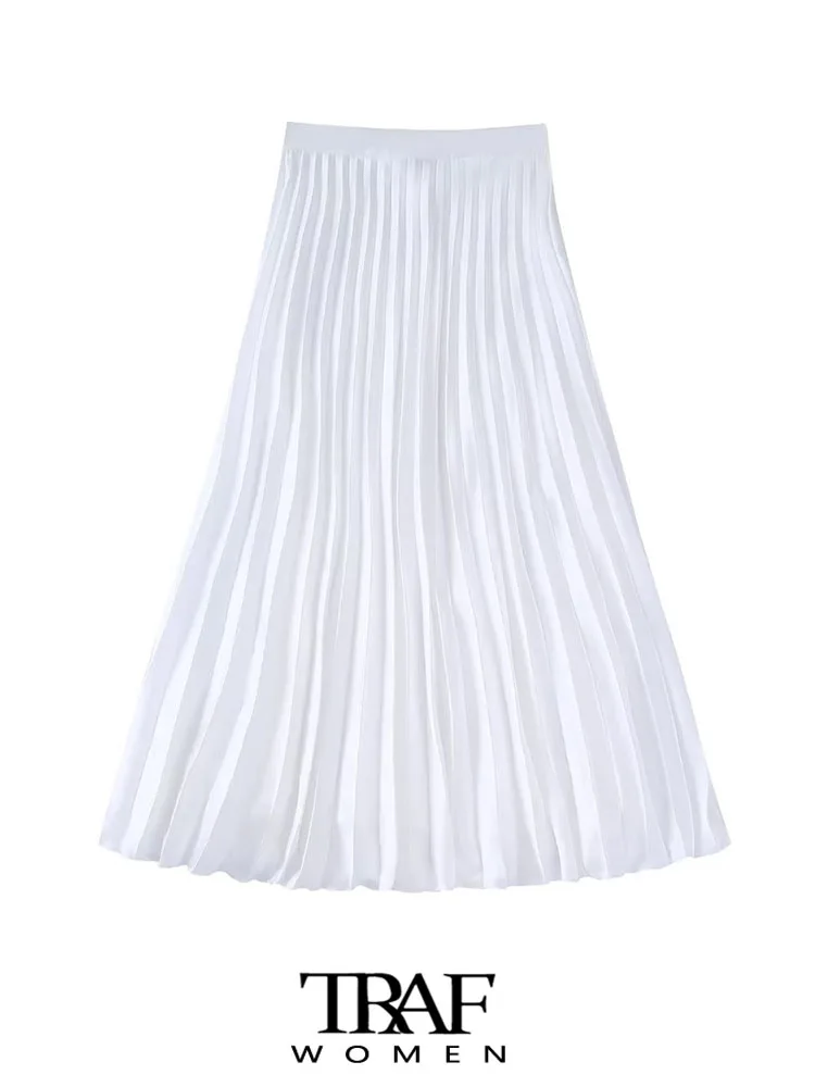 

TRAF Women Fashion With Lining Pleated Midi Skirt Vintage High Waist Side Zipper Female Skirts Mujer