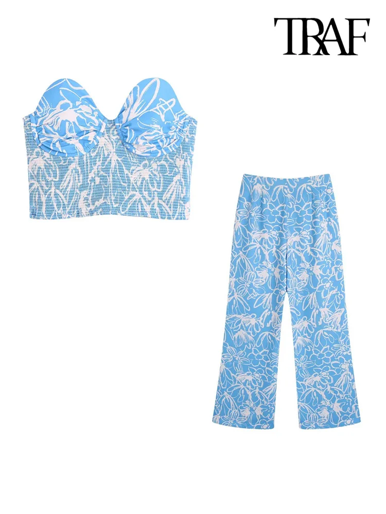 

TRAF Women Fashion Strapless Printed Bustier And High Waist Straight Pants Female Two Pieces Sets Mujer