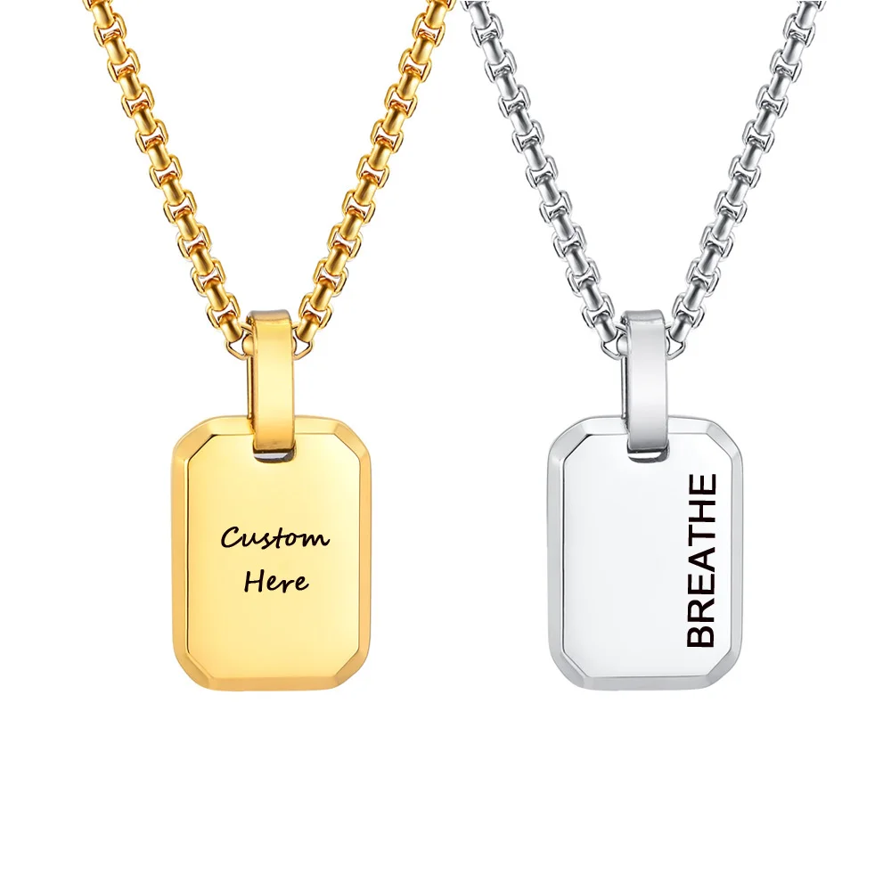 Гравировка квадратное Ожерелье Персонализированные Бирки ID кулон нержавеющая