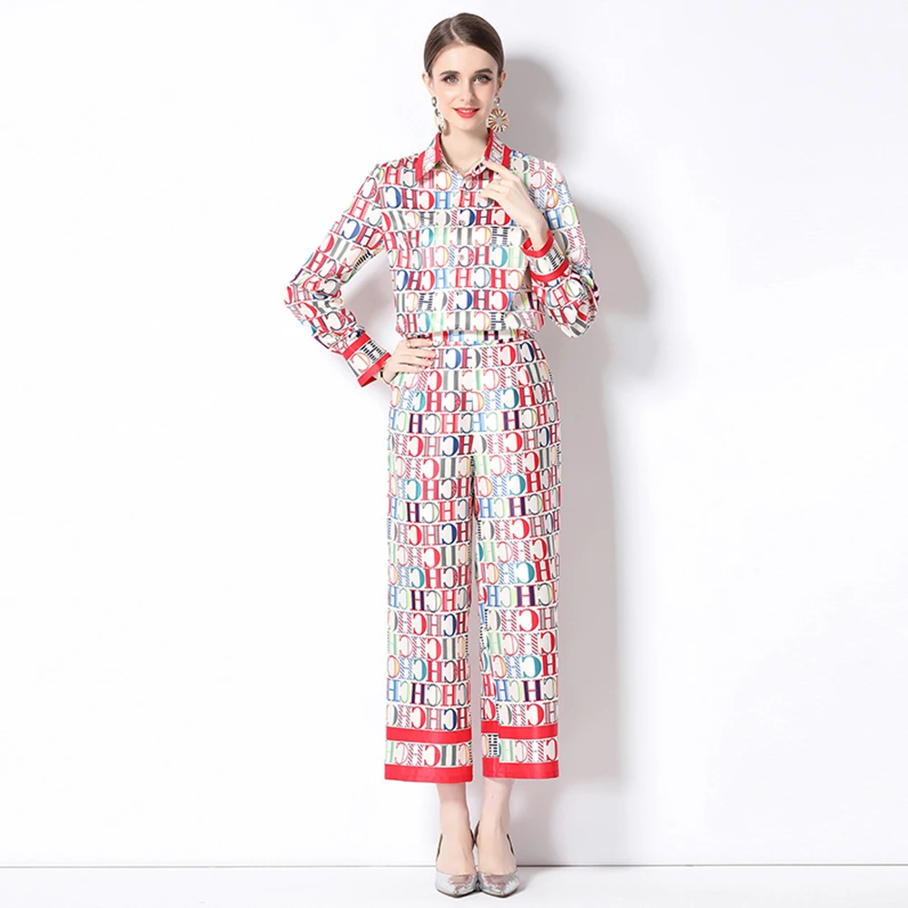 

Runway Fashion Letter Print Trousers Suit Women Lapel Red Single Breasted Print Shirts Tops + Pockets Pants Two Piece Set A2070