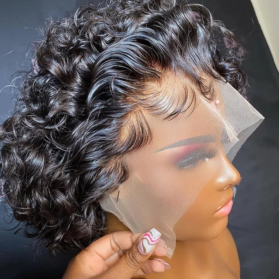 

Short Pixie Cut Wigs Human Hair Wigs Natural Color 6Inch Bob Curly 13x1 Lace Wig Remy Hair Pre Plucked Cheap Wig For Black Women