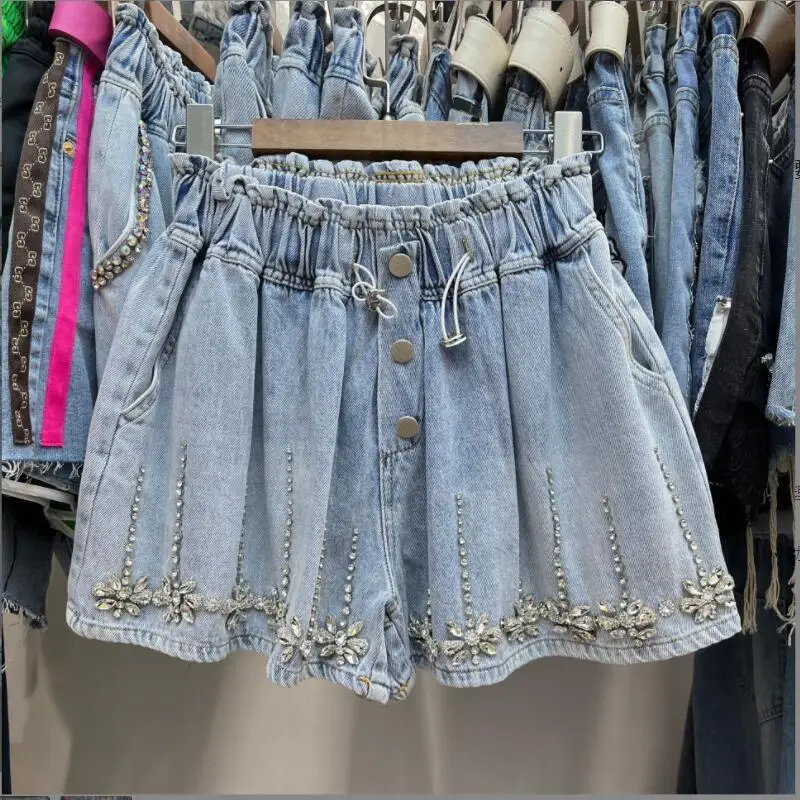 

2022 Summer European Women New Rhinestone Denim Shorts Ladies Fashion Oversized Loose Wide Leg A- Line Jeans Short Femme w257