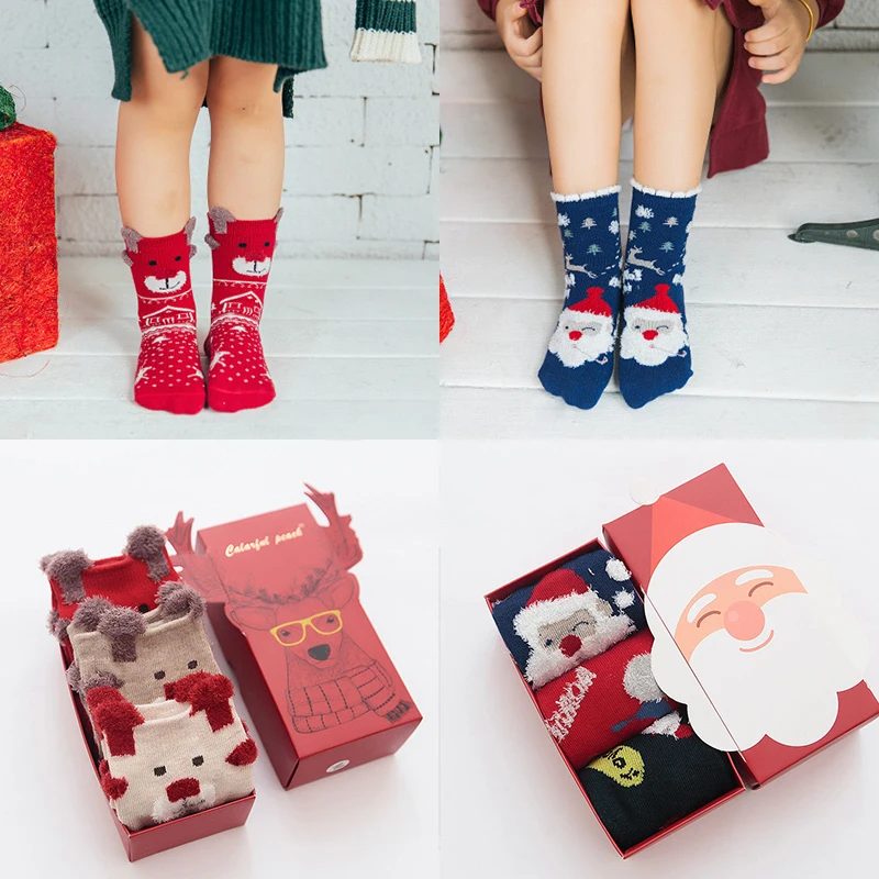 3pairs Children's Socks 2022 Christmas New Year Gift Box Set Santa Claus Elk Pattern Baby Boys Girls Warm Supplies Med Tube Sock