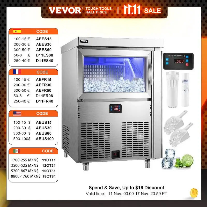

VEVOR 90/140kg/24h 110V Commercial Ice Maker Stainless Steel Automatic Ice Cube Machine Ice Cooler Machine Home Appliance