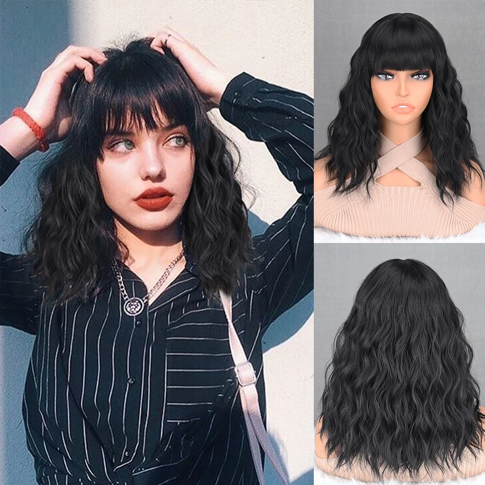 

Long Black Water Ripple Synthetic Wigs Heat Resisting Fibre Brown Wig with Bangs For Women Daily Wear Natural Lolita Cosplay