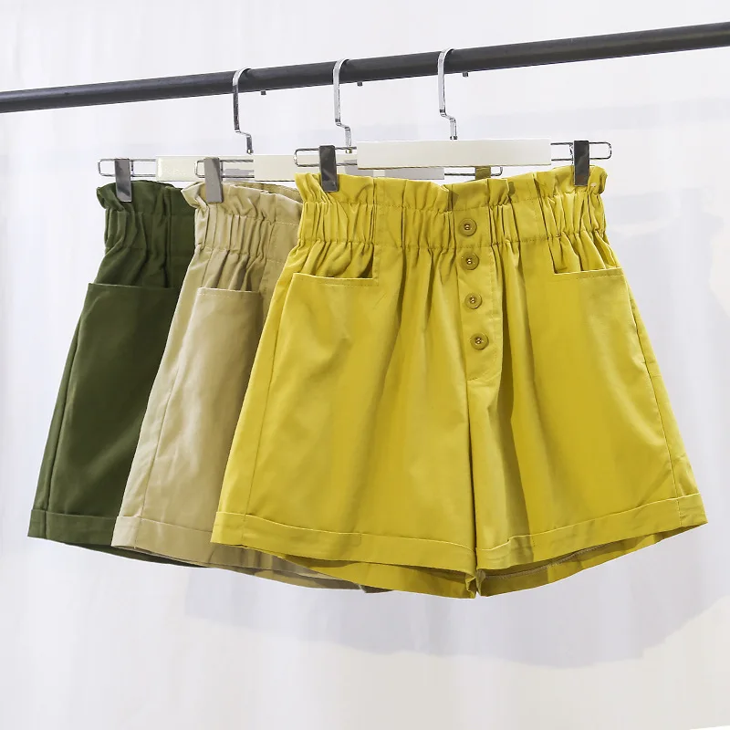 

Однобортные женские шорты с эластичной высокой талией, свободные широкие шорты, однотонные модные студенческие повседневные брюки в стиле ...