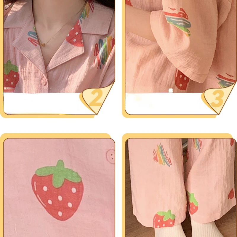 Women Pyjamas Summer Cool Feeling Cotton Short-sleeve Cardigan Trousers Thin Homewear Sweet and Cute Style Sleepwear Loungewear