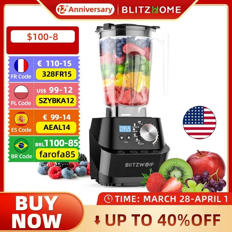 

BlitzHome BW-CB1 2L Counter Blender Slush Machine Automatic mixing 1500W High Power Motor Blender Vacuum Function for kitchen