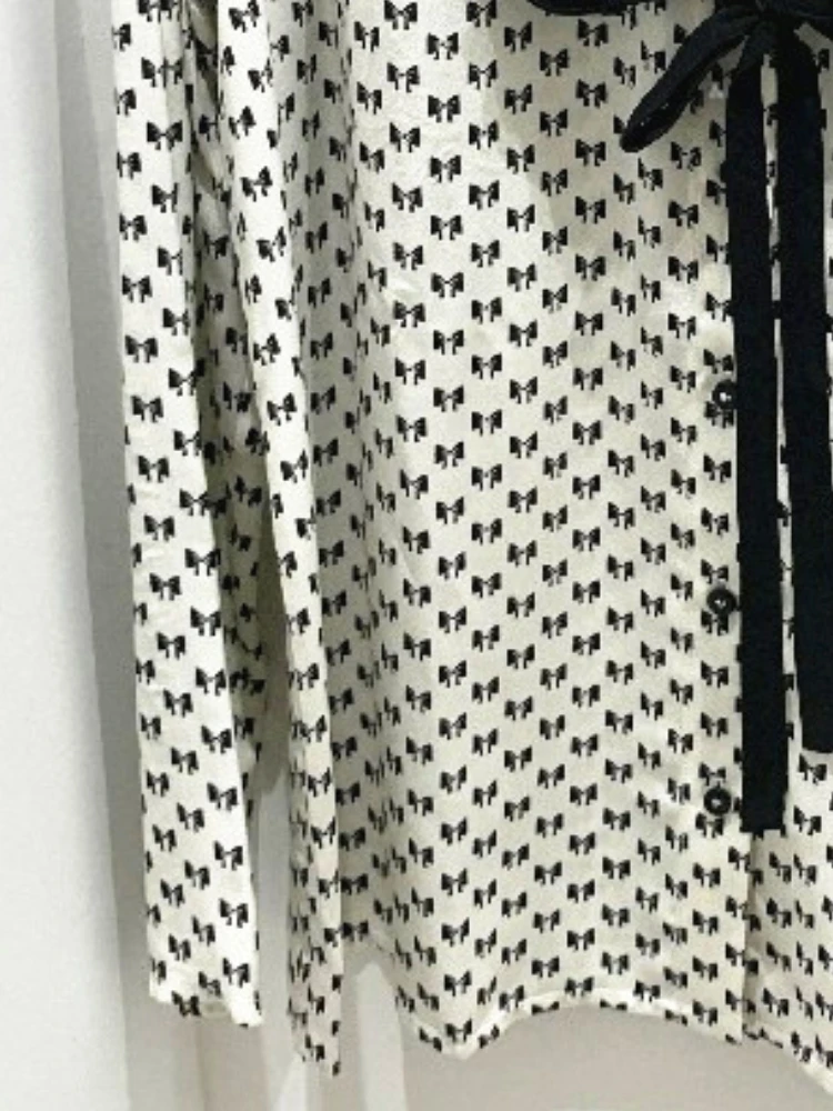 

2022 New Women Shirt Vintage Printed Doll Collar Long Sleeves Tie Shirt