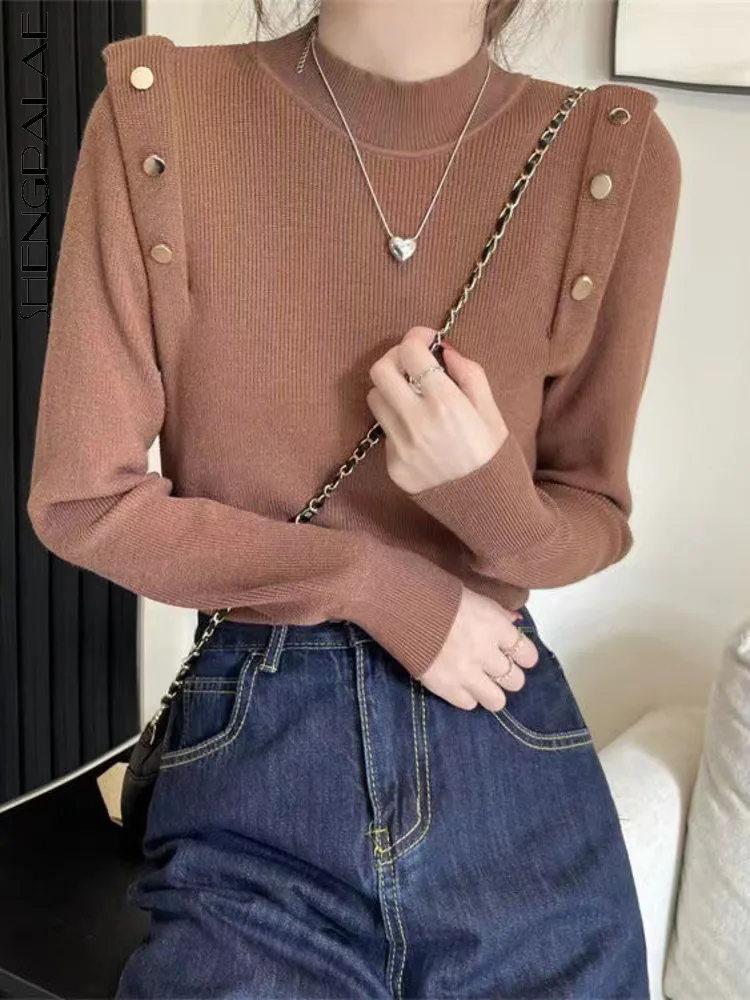 

SHENGPALAE Half High Collar Pullover Women's Sweater Simple Versatile Slim Bottoming Shirt Long Sleeve Top Felame 2023 New 5R433