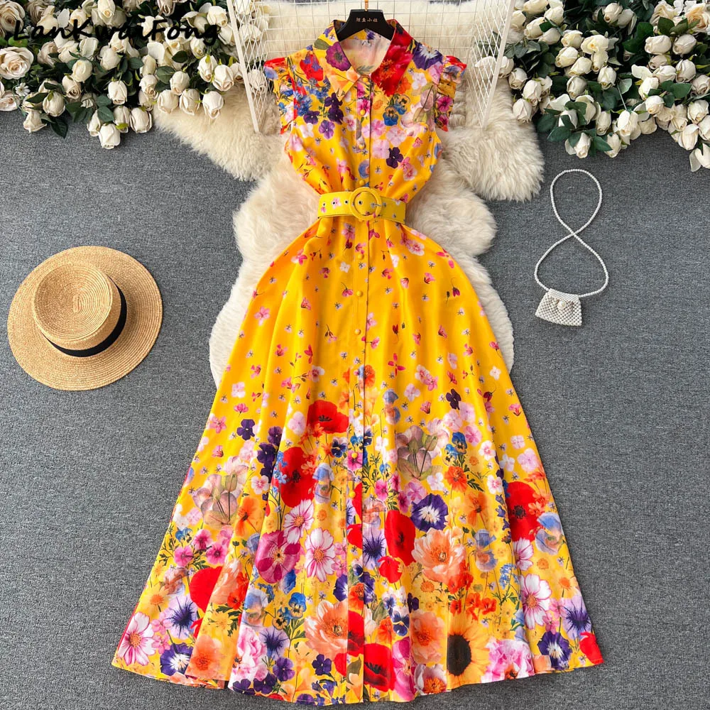

LKF Retro Court Style High-end Shirt Dress with Sleeveless Waist Closure for Slimming and Floral Large Swing Women's Dress