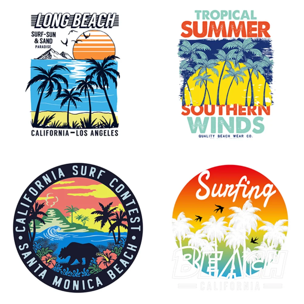 

2022 Coconut Tree Fashion Clothes Printing Iron-On Transfers for Clothing Thermoadhesive Patch Appliques for Clothes Sunrise