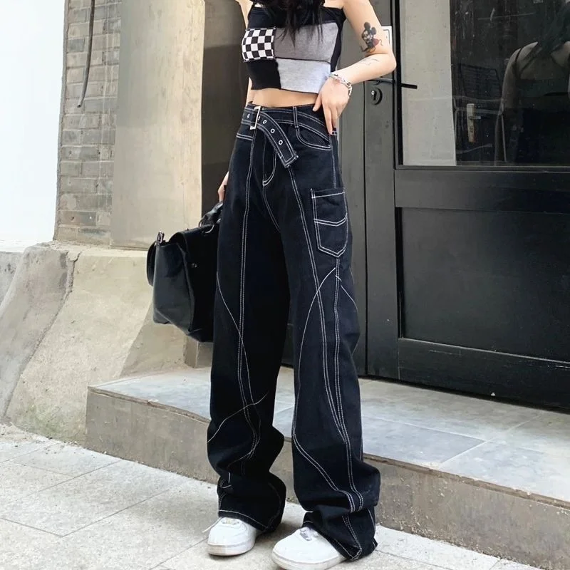

Casual Pants Women's 2022 Summer New Line Splicing Design Jeans Woman Loose Straight High Wais Wide Leg Long Pants