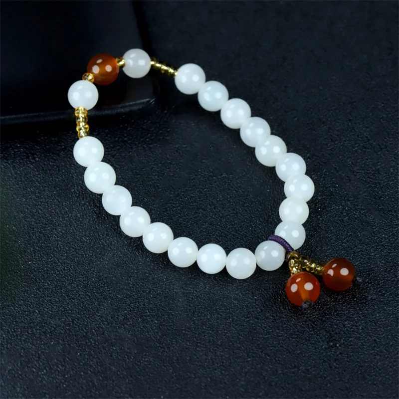

Mai Chuang/He Tian White Jade Bracelet 8mm Fashion Bangles Personality Charm Jewelry Exquisite Workmanship Men Women Couple Gift