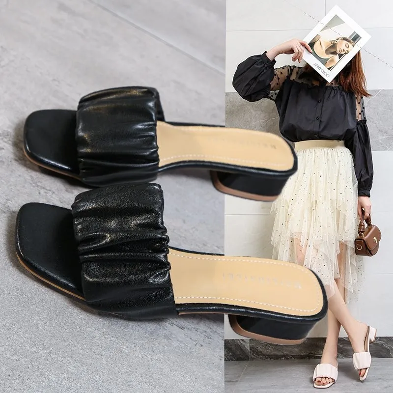 2022 Women New Leather Mid-heel Fashion Simple Square Head Flat Thick Heel Large Size Sandals And Slippers Women's Shoes35-43