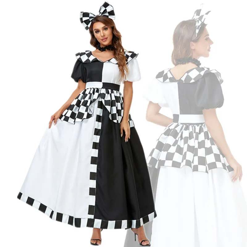 

Halloween Black And White Checkered Stage Costumes Cosplay Circus Clown Dress