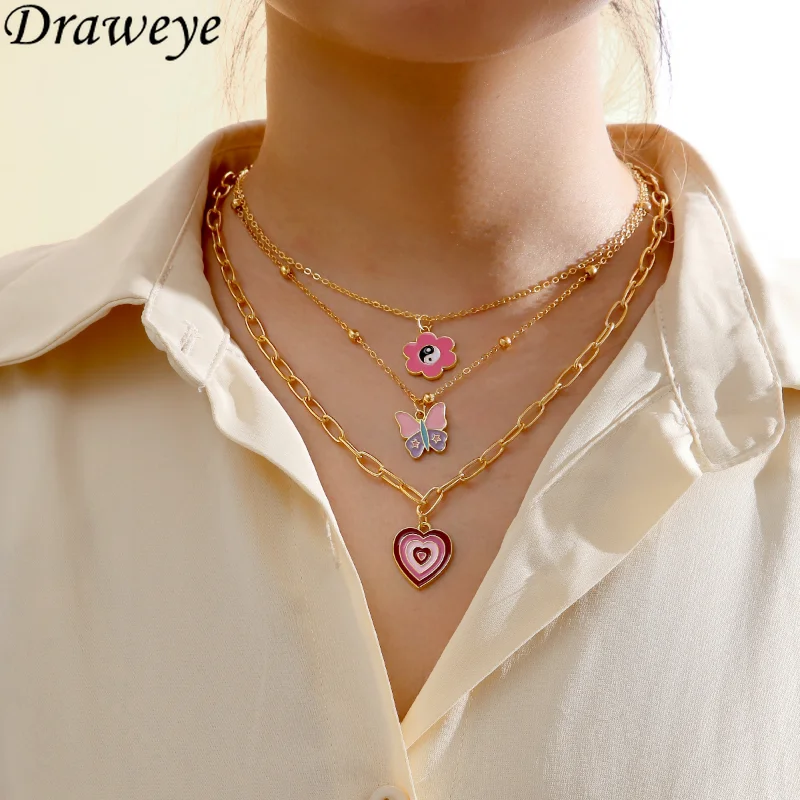 

Draweye Necklaces for Women Multilayer Butterfly Heart Chains Chokers Vintage Beads Jewelry Ins Fashion Pendant Necklace Sets