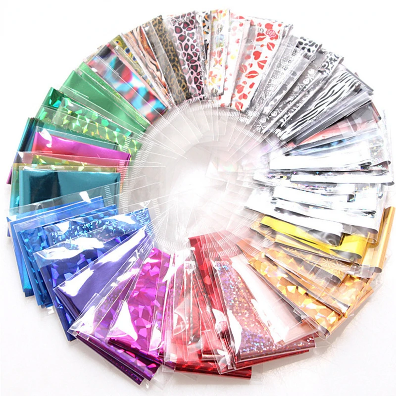 

50pcs/Lo Holographic Transfer Foil Stickers 4*20cm Random Decals 30pc Flower Transferring Wraps Slider Nail Transfer Foil Decors