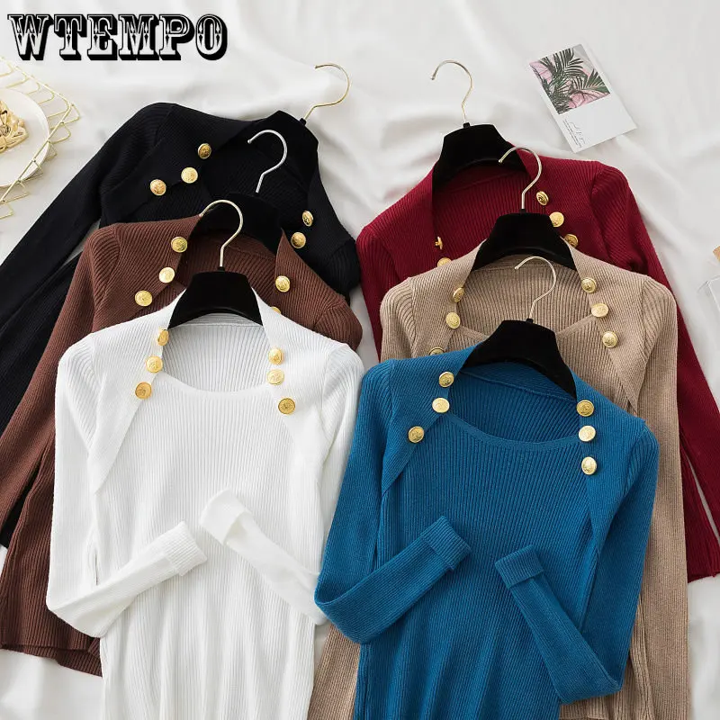 

Женский свитер WTEMPO с золотыми пуговицами, вязаный Топ с длинным рукавом и воротником Queen Anne, y2k, повседневный вязаный свитер, пуловер