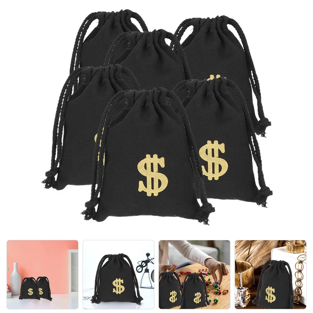 

6 Pcs Clothing Storage Bags Coins Gift Drawstring Dollar Pattern Canvas Print Money Pouch