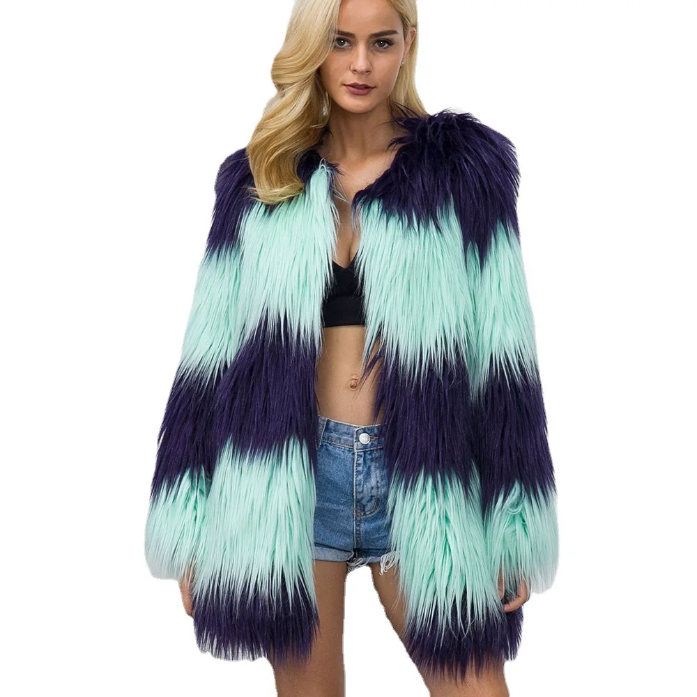 Women's Leather Fur Coat Fall Winter Fashion V-neck Imitation Fur Contrast Color Coat Women's Mid-Length Furry Top Faux Fur Coat