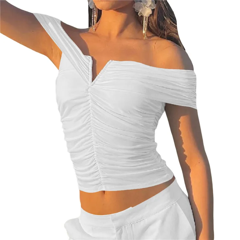 

y2k Tops for Women Elegant Off Shoulder V Neck Sleeveless Ruched Tanks Slim Fit Vest Summer 2000s Clothes White Streetwear