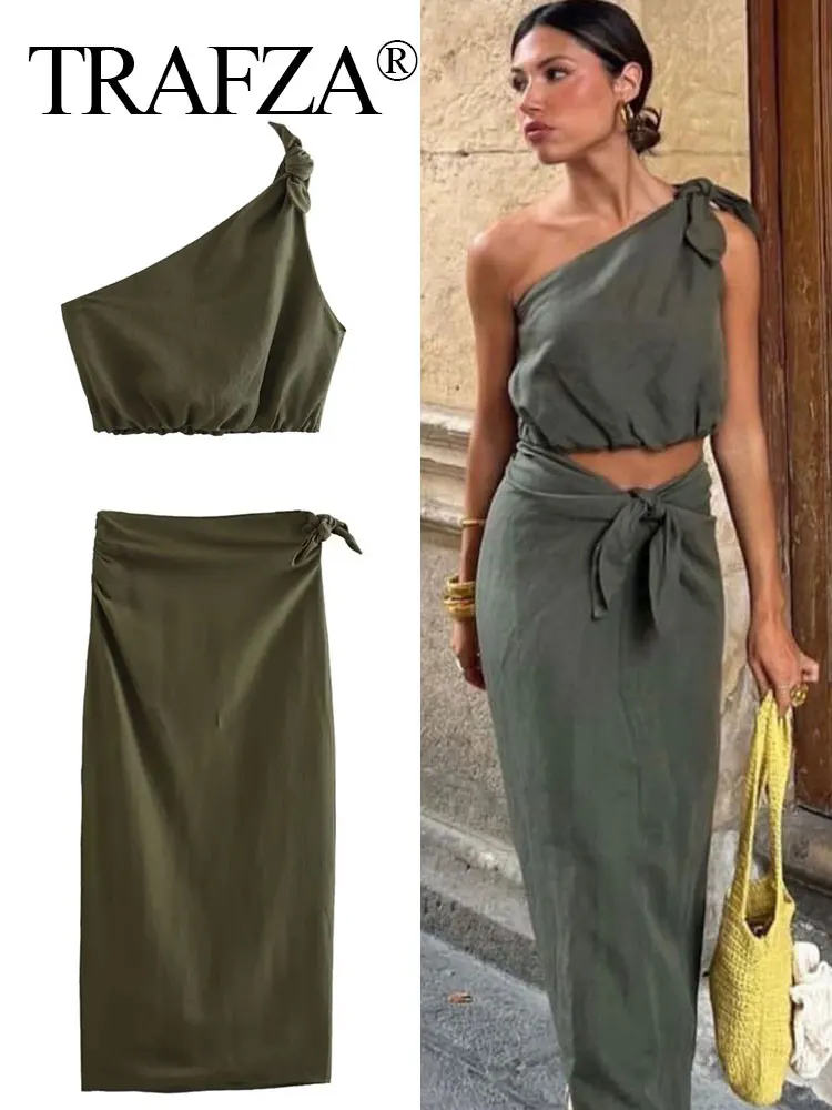 

TRAFZA Retro Women's Long Skirt Set Asymmetric Tie Knot Bolero High Waist Sexy Slit Side Pull Women's Long Skirt Set of 2