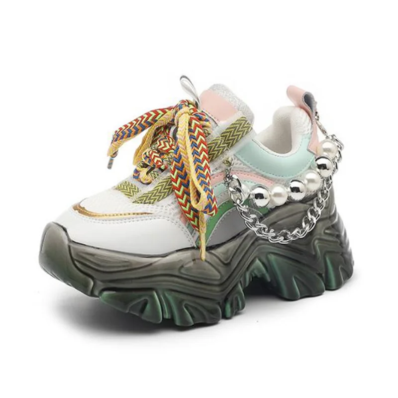 

New Women Wedge Heels Casual Shoes 7.5CM Sports Sneakers Women Chunky Sneakers Autumn Bead chain walking shoes