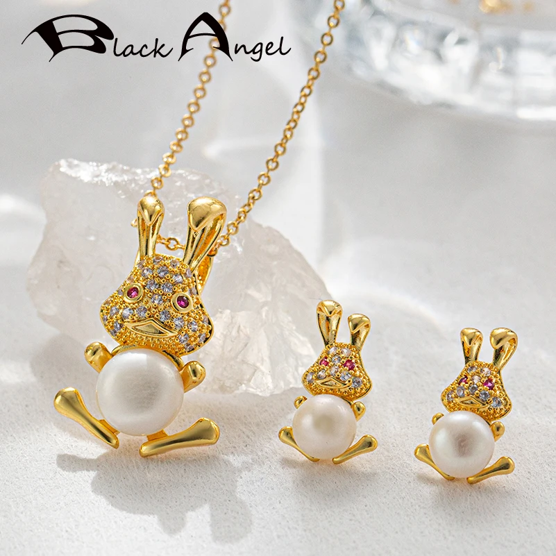 

BLACK ANGEL Original Design Natural Freshwater Pearl Jewelry Set Cute Gold Rabbit Stud Earrings Bunny Pendant Necklace for Women