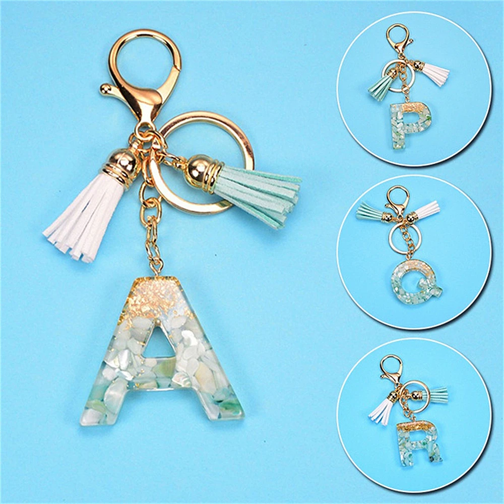 

Creative 26 Letter Resin Keychains Charms With White Green Tassel Car Key Ring Pendant Bag Ornaments Accessories Birthday Gifts