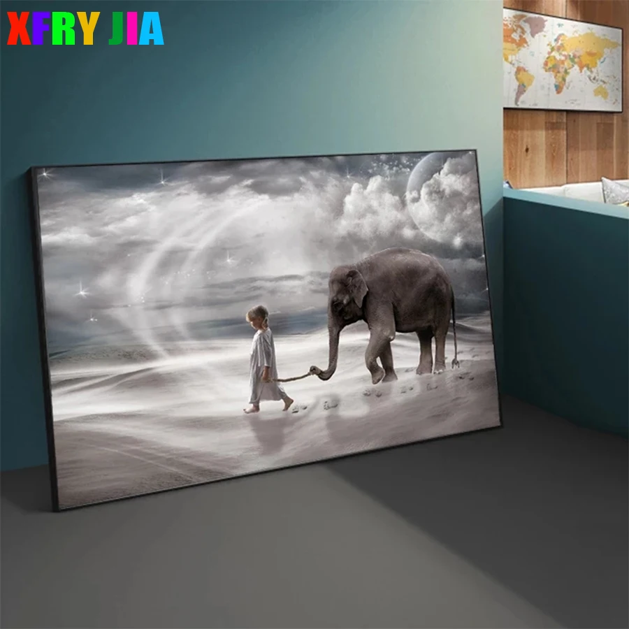 

5D «сделай сам», квадратная и круглая алмазная живопись, маленькая девочка, холдинг, слон, пустыня, вышивка крестиком, «сделай сам», Алмазная мозаика, искусство