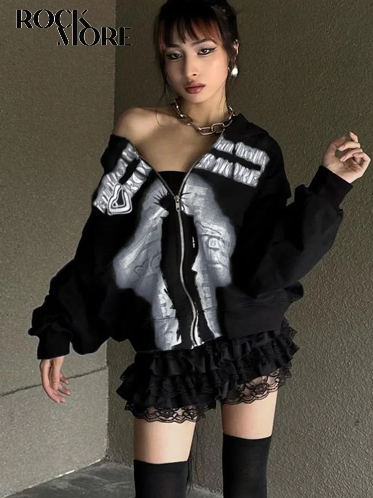 

Rockmore Harajuku Print Hoodie Casual Oversize Loose Sweatshirts Women Autumn Y2K Vintage Hooded Zipper Jackets Korean Grunge