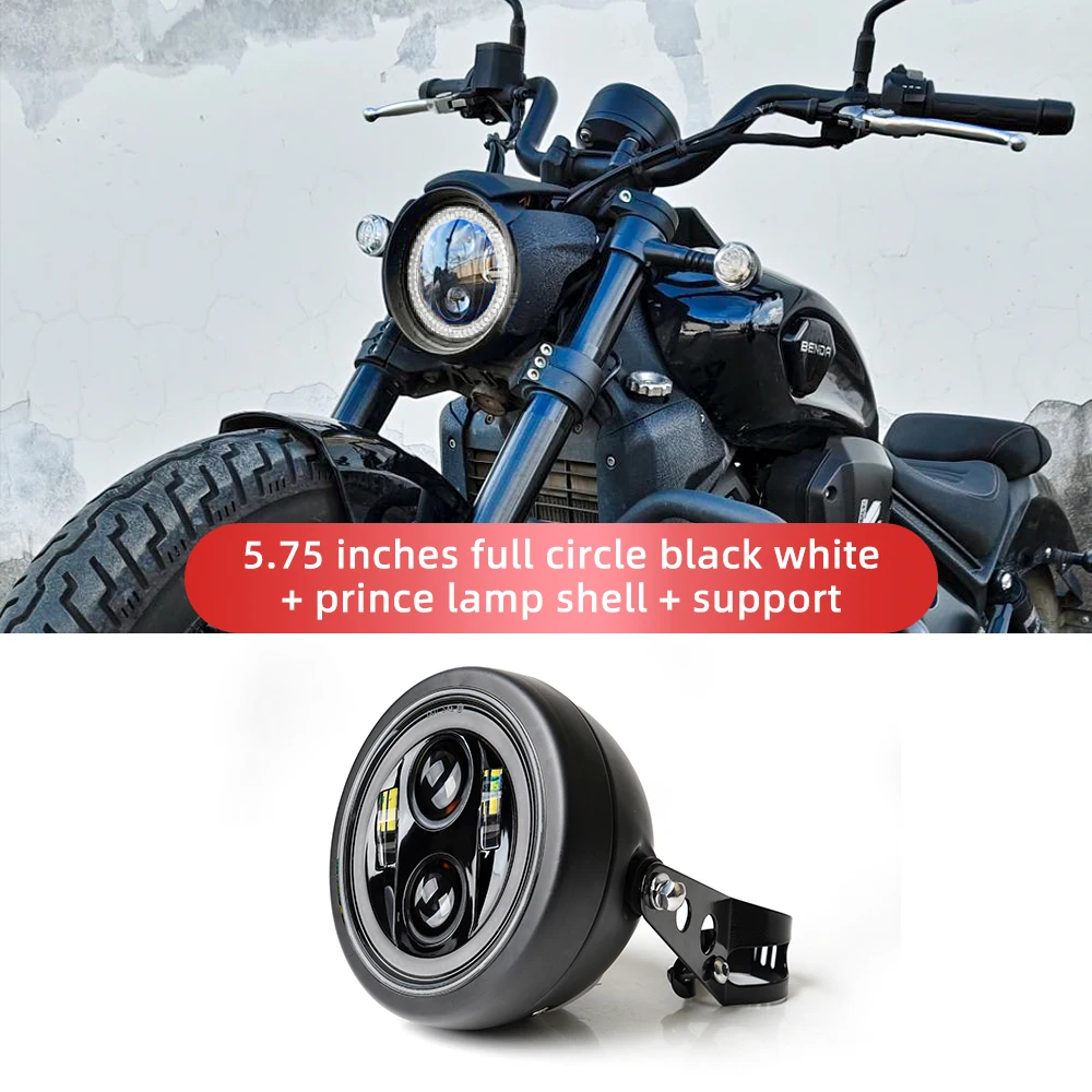 Фото Круглая светодиодная фара 5,75 дюйма с белыми DRL — Plug & Play для Harley 883, Honda CB, Suzuki GSX, Kawasaki Vulcan S №1