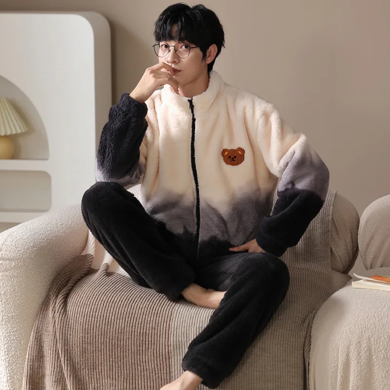 Yasuk Winter Fashion Men Women's Casual Soft Snowflake Velvet Sleepwear Homewear Couple Pajamas With Pants  Gradient Bear Thick