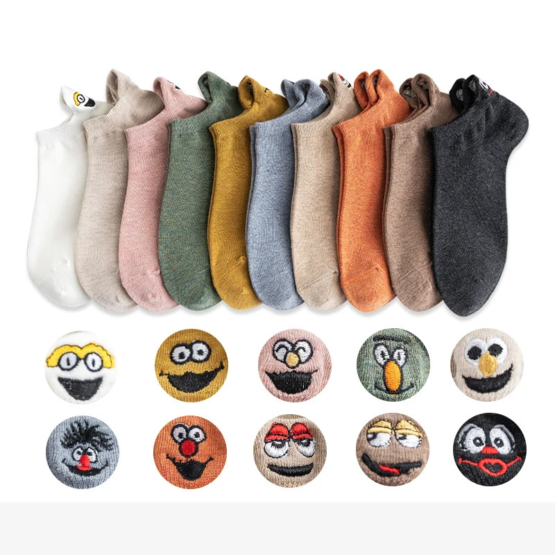 10 Pairs Kawaii Cartoon Embroidered Expression Women Short Cotton Ankle Socks Cute Spring Summer Funny Candy Color Boat Socks
