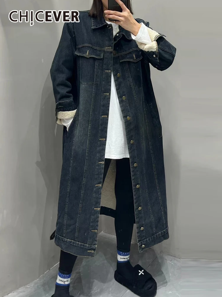 

CHICEVER уличная винтажная джинсовая куртка для женщин с отворотом и длинным рукавом, однобортное повседневное Свободное пальто с карманами в стиле пэчворк