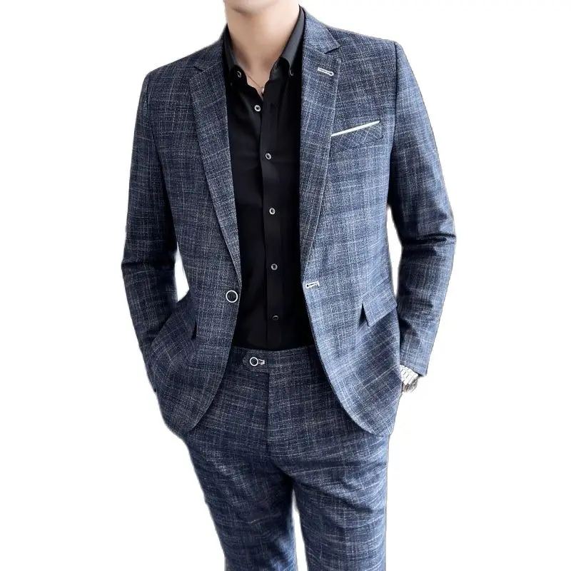 

New Foreign Trade Large Size S-5XL (suit + Trousers) Fashion Trend Linen Business Casual Slim and Handsome Two-piece Plaid Dress