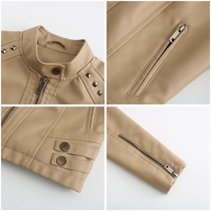 New Rivet Leather Leather Women's Long Sleeved Stand Up Collar Fashion Jacket