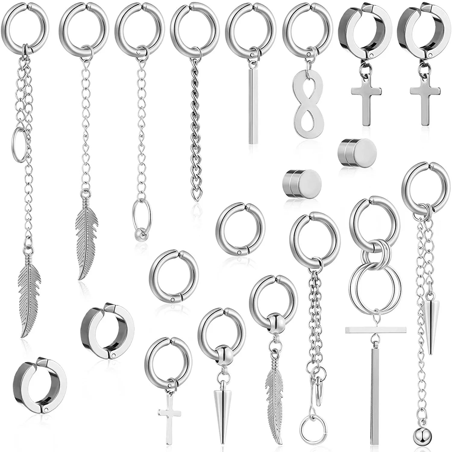 

20pcs Kpop Non-piercing Magnetic Stainless Steel Cross Dangle Long Chain Hinged Hoop Earrings for Men Women Stud Earring Set