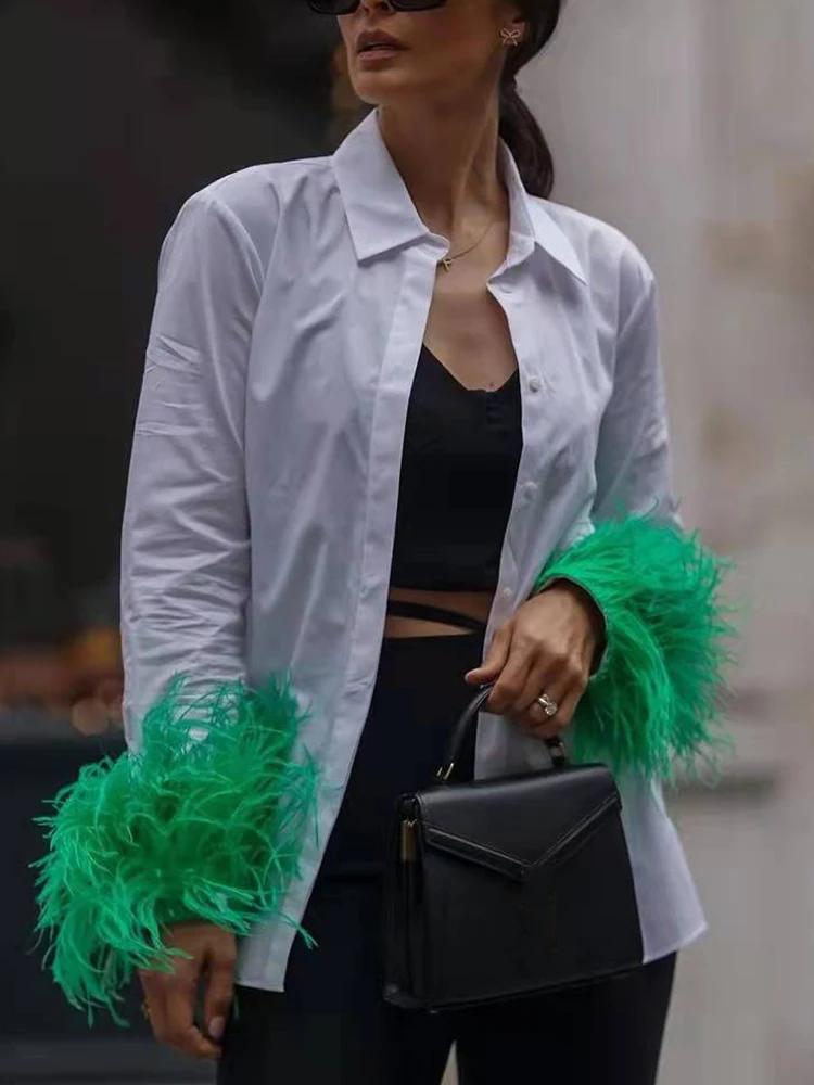 

Женская винтажная блузка составного кроя, элегантная зеленая пушистая белая рубашка с отстрочкой манжет, винтажный Свободный Топ на весну ...