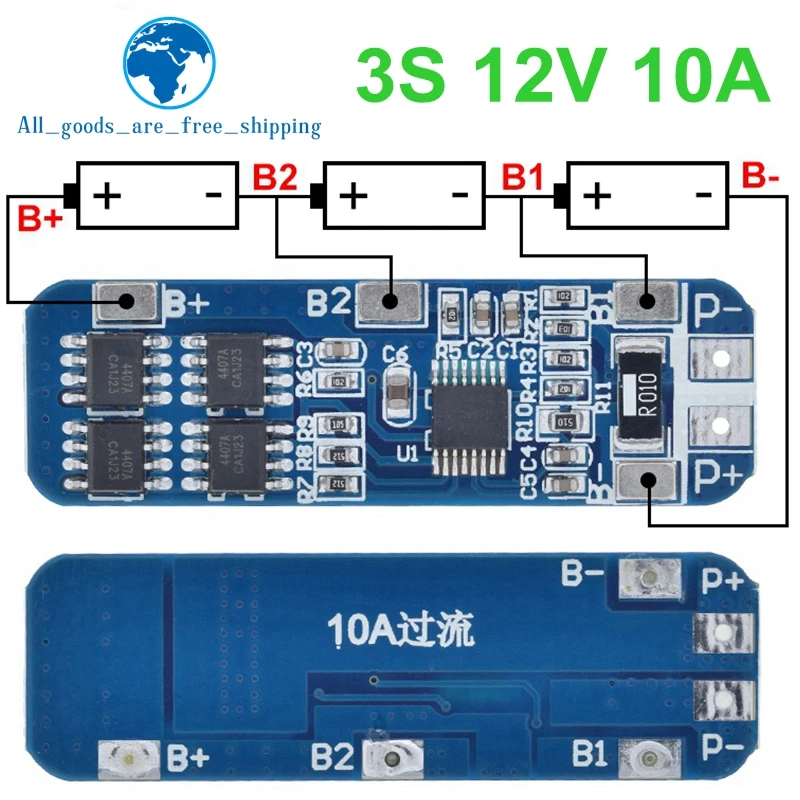 BMS зарядное устройство TZT 3S 12 В 18650 10 А, защитная плата литий-ионной, литиевой батареи, печатная плата 10,8 В 11,1 В 12,6 в, электрическая синяя батарея