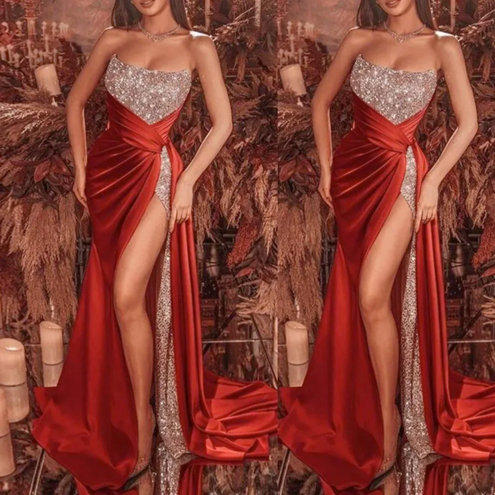 

Sexy Mermaid Prom Party Gown Strapless Floor-Length Sweep Train Sequins Satin long Backless Thigh-High Slits Plus Size Custom