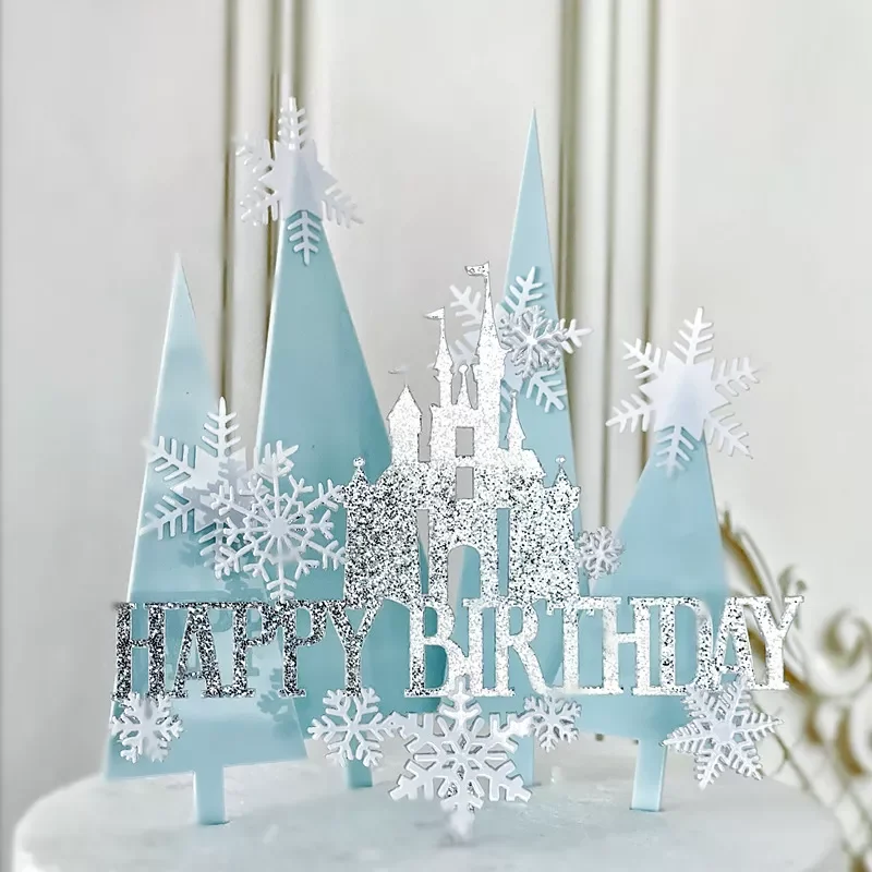 

Happy Birthday Cake Topper Snow Castle Double Acrylic Cake Topper Colorful Tree Birthday Decoration Party Favors