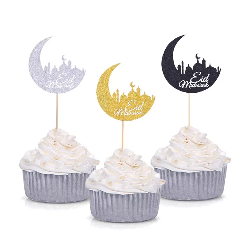 

Silver Glitter Eid Mubarak Cupcake Toppers EID Ramadan Festival Bunting Islamic Muslim Mubarak Party Decoration