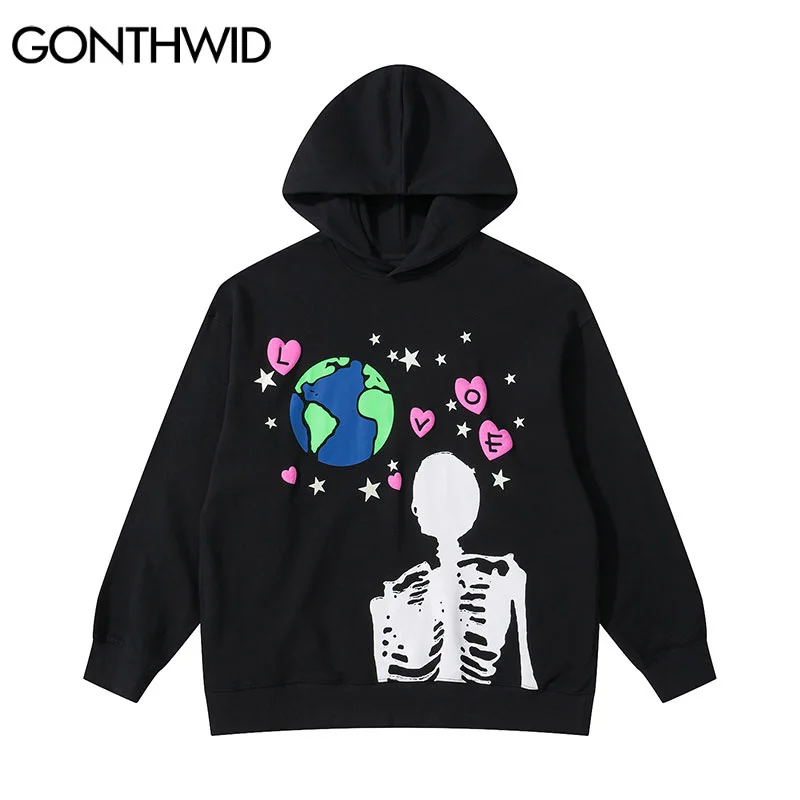 

2023 Hip Hop Hoodie Sweatshirt Streetwear Earth Skeleton Print Punk Gothic Hooded Winter Harajuku Cotton Pullover Black