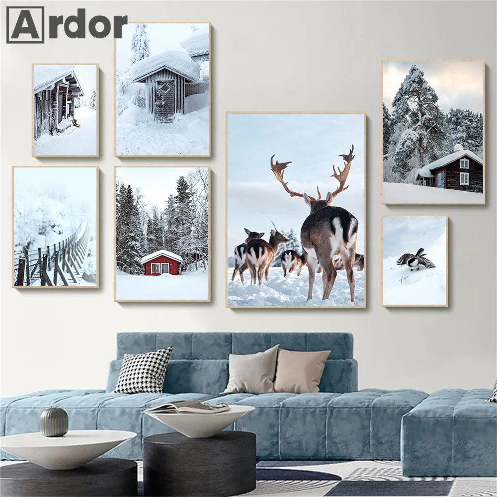 

Winter Snow Forest Moose Cabin Bird Landscape Wall Art Canvas Painting Nordic Posters And Prints Pictures Living Room Home Decor